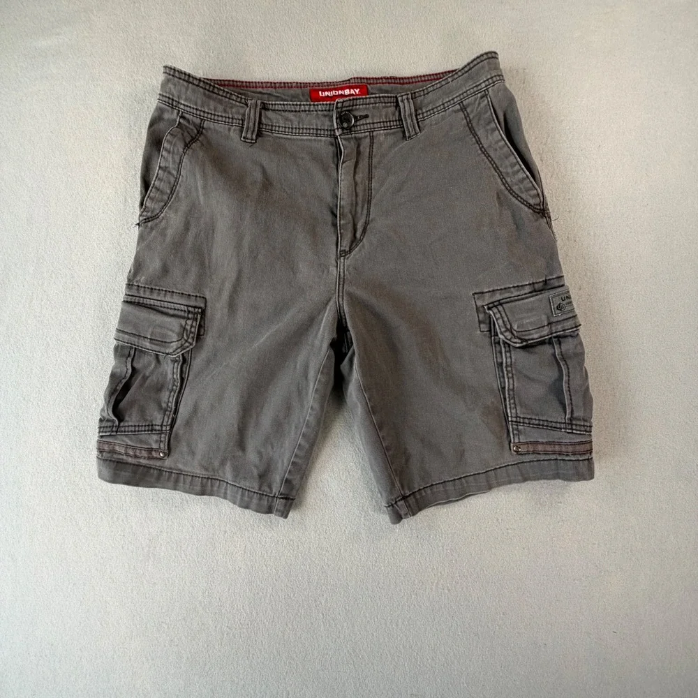 Unionbay Men Grey Cotton Stretch Multi Pocket Cargo Shorts Size 32 Workwear Y2K